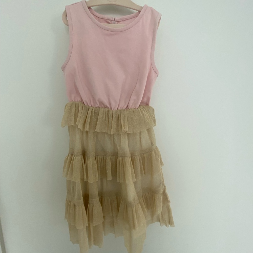 Pink and Tan Sleeveless Dress with Ruffle Skirt